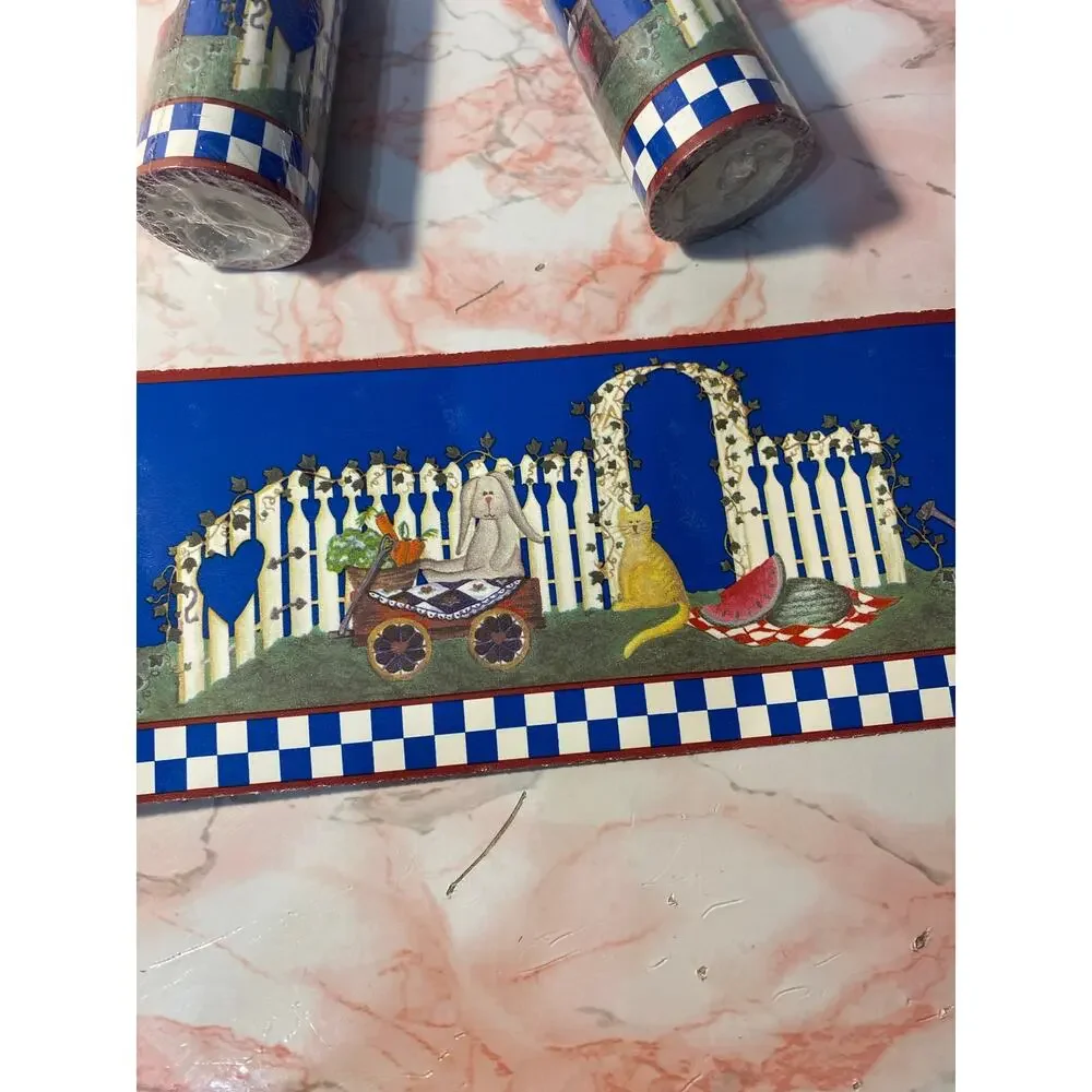 Blue Country Picnic Wallpaper Border Cat Bunny Watermelon 3.75